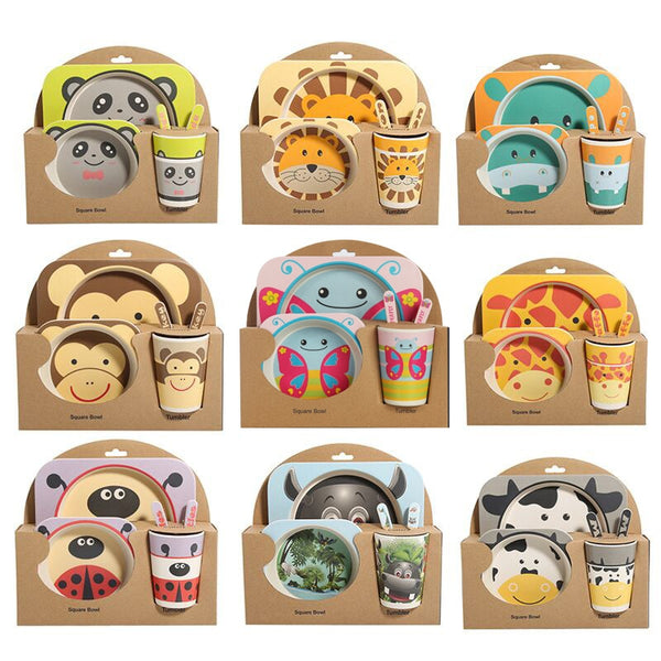 5pcs/set Baby Dish Tableware Children Cartoon Feeding Dishes Kids Natural Bamboo Fiber Dinnerware With Bowl Fork Cup Spoon Plate