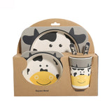 5pcs/set Baby Dish Tableware Children Cartoon Feeding Dishes Kids Natural Bamboo Fiber Dinnerware With Bowl Fork Cup Spoon Plate
