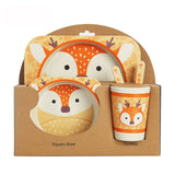 5pcs/set Baby Dish Tableware Children Cartoon Feeding Dishes Kids Natural Bamboo Fiber Dinnerware With Bowl Fork Cup Spoon Plate