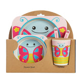 5pcs/set Baby Dish Tableware Children Cartoon Feeding Dishes Kids Natural Bamboo Fiber Dinnerware With Bowl Fork Cup Spoon Plate
