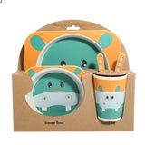 5pcs/set Baby Dish Tableware Children Cartoon Feeding Dishes Kids Natural Bamboo Fiber Dinnerware With Bowl Fork Cup Spoon Plate
