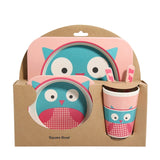 5pcs/set Baby Dish Tableware Children Cartoon Feeding Dishes Kids Natural Bamboo Fiber Dinnerware With Bowl Fork Cup Spoon Plate