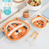 5pcs/set Baby Dish Tableware Children Cartoon Feeding Dishes Kids Natural Bamboo Fiber Dinnerware With Bowl Fork Cup Spoon Plate