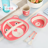 5pcs/set Baby Dish Tableware Children Cartoon Feeding Dishes Kids Natural Bamboo Fiber Dinnerware With Bowl Fork Cup Spoon Plate