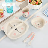 5pcs/set Baby Dish Tableware Children Cartoon Feeding Dishes Kids Natural Bamboo Fiber Dinnerware With Bowl Fork Cup Spoon Plate
